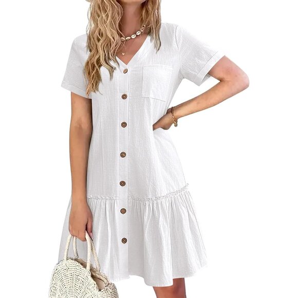 Women Cotton Linen Button Down Dress Ruffle Hem Casual Summer Tunic - Picture 1 of 5